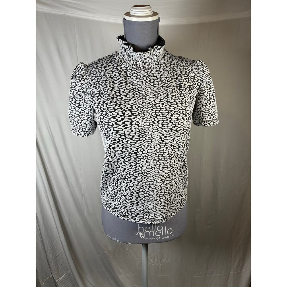 💰Zara M High Neck Leopard Animal print blouse shirt mob wife stretch puff sleeve